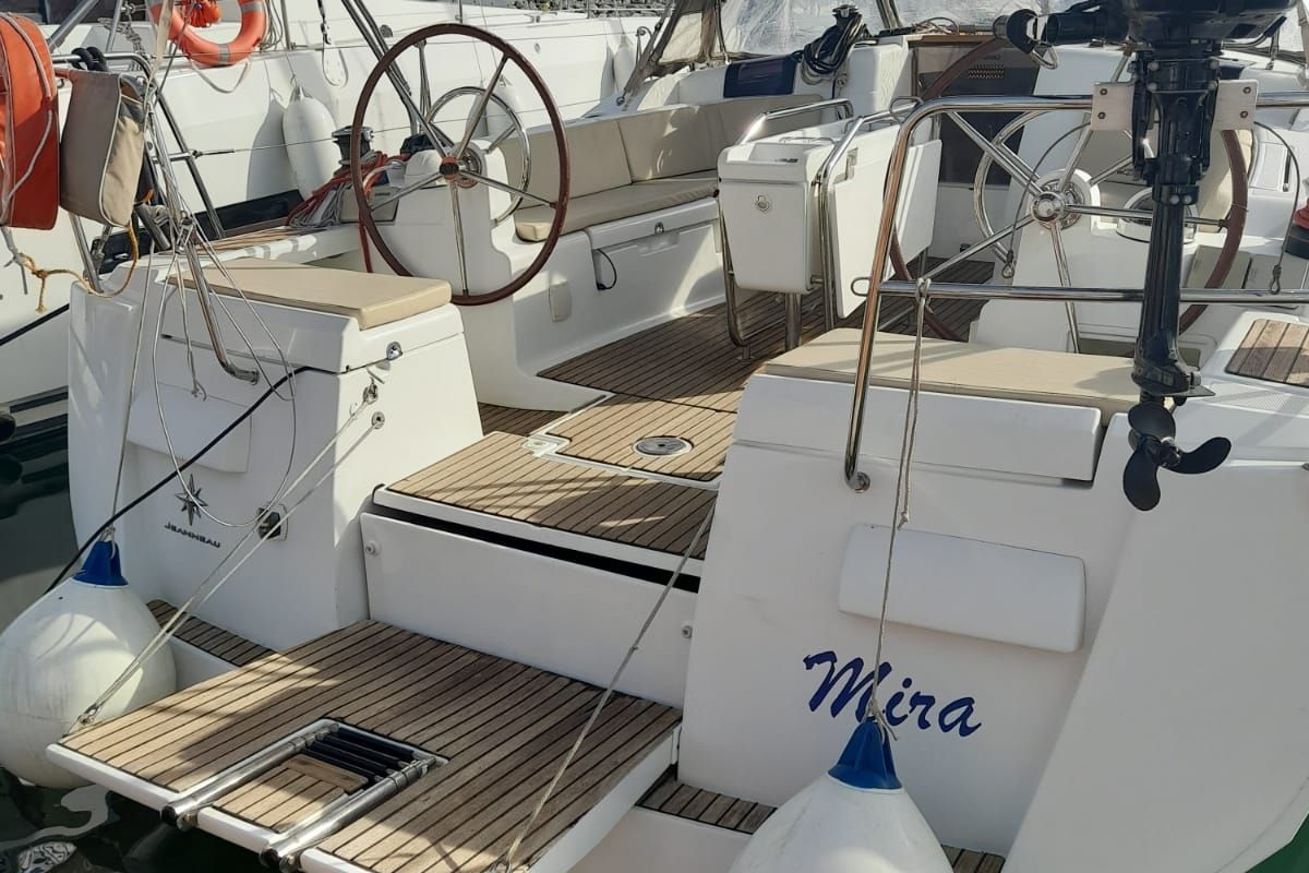 Cockpit of Mira, a Jeanneau Sun Odyssey 439 sailboat at Salerno, Italy