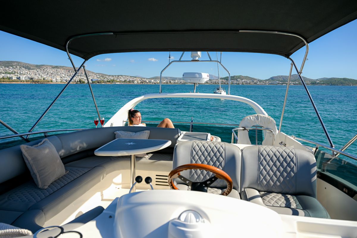 Cockpit of Carina, a Princess Yachts Princess 45 motorboat at Athens, Greece