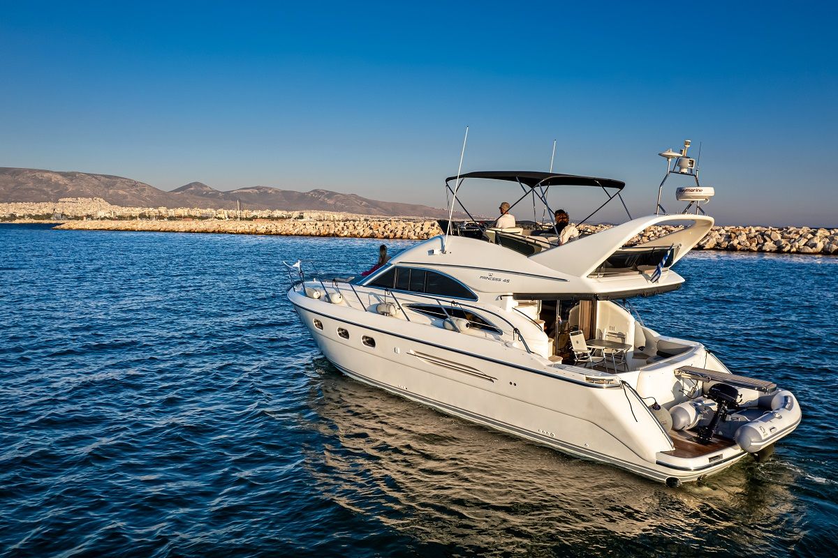 Exterior view of Carina, a Princess Yachts Princess 45 motorboat at Athens, Greece