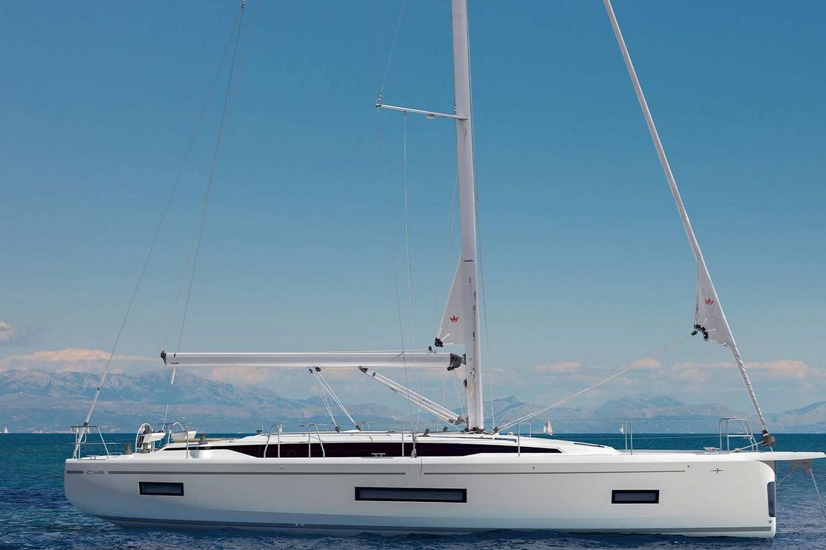 Exterior view of Felicia, a Bavaria C46 sailboat at Fethiye, Turkey