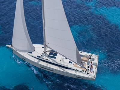 Exterior view of Felicia, a Bavaria C46 sailboat at Fethiye, Turkey