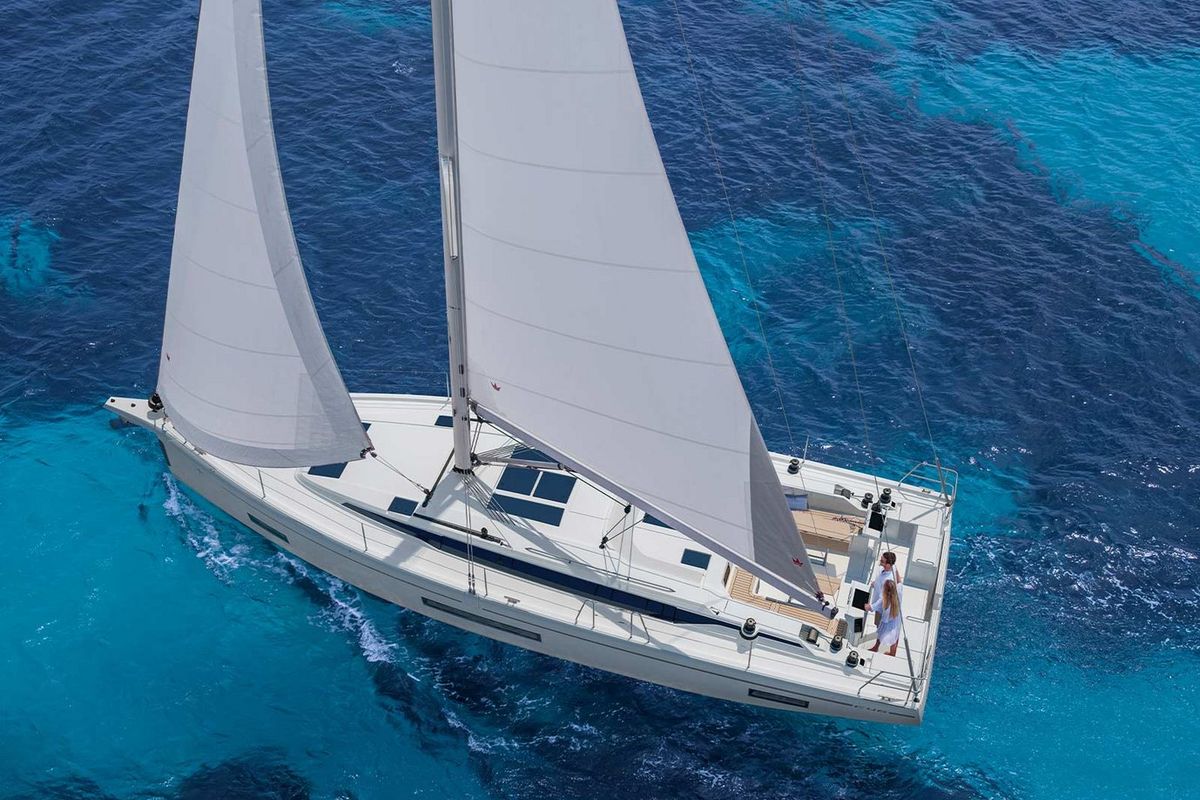 Exterior view of Felicia, a Bavaria C46 sailboat at Fethiye, Turkey