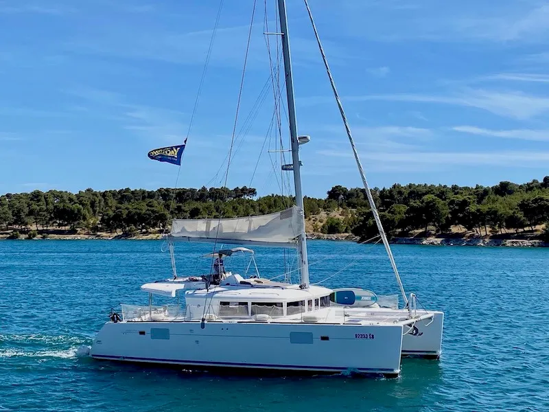 Exterior view of BAGIRA, a Lagoon 450 catamaran at Grad Šibenik, Croatia