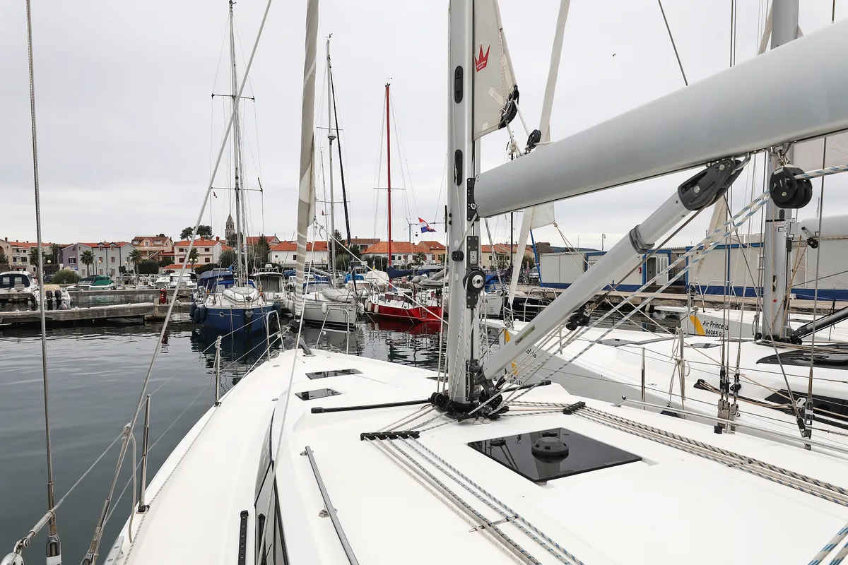 Deck of Maupiti, a Bavaria C42 sailboat at Grad Biograd na Moru, Croatia