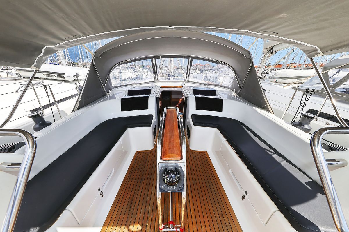 Deck of Seaway, a Hanse Yachts Hanse 455 sailboat at Grad Biograd na Moru, Croatia