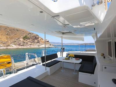 Deck of La Luna, a Lagoon 450 catamaran at Fethiye, Turkey
