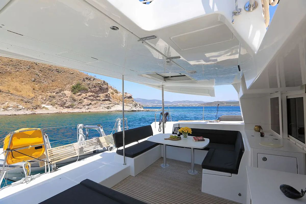 Deck of La Luna, a Lagoon 450 catamaran at Fethiye, Turkey