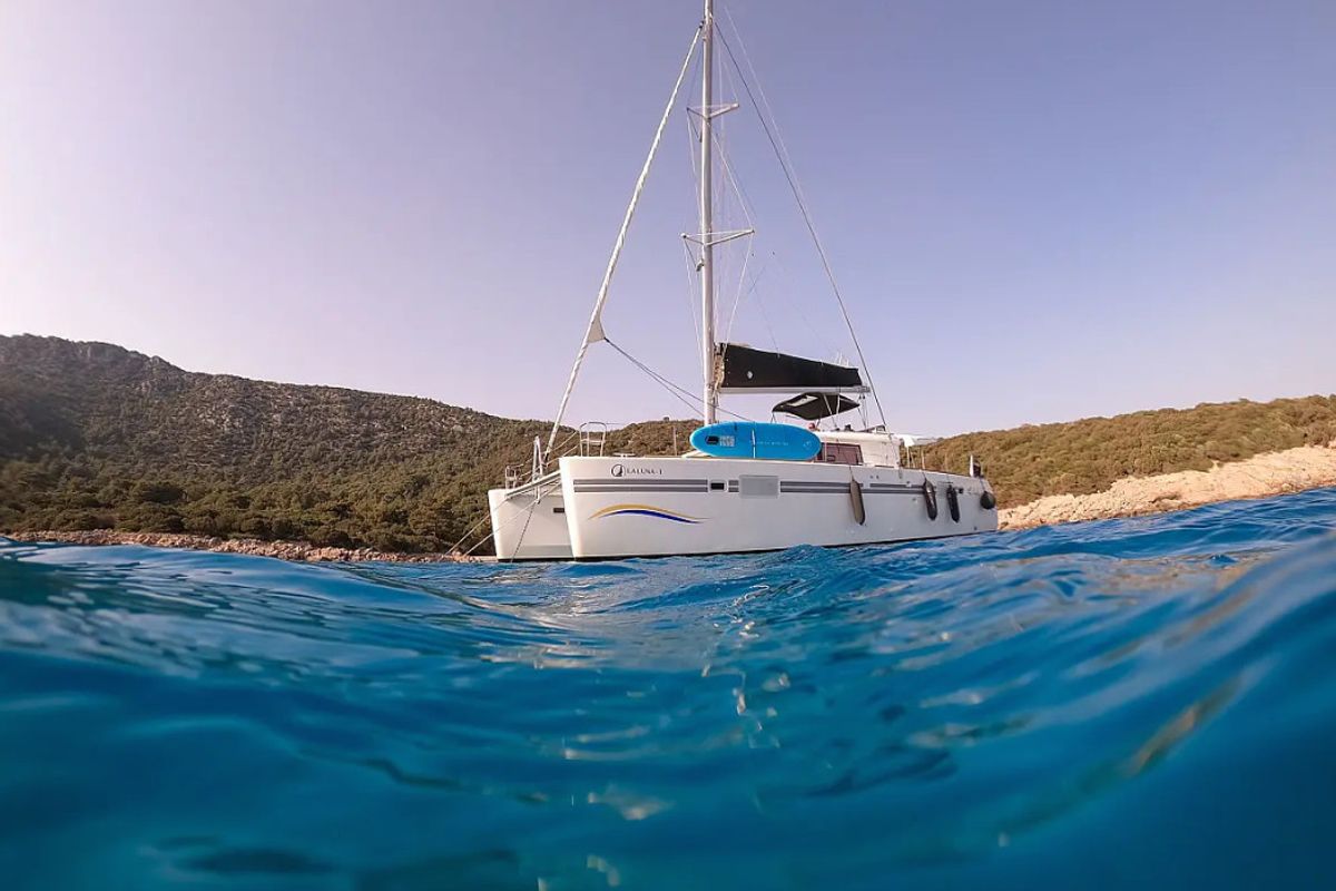 Exterior view of La Luna, a Lagoon 450 catamaran at Fethiye, Turkey
