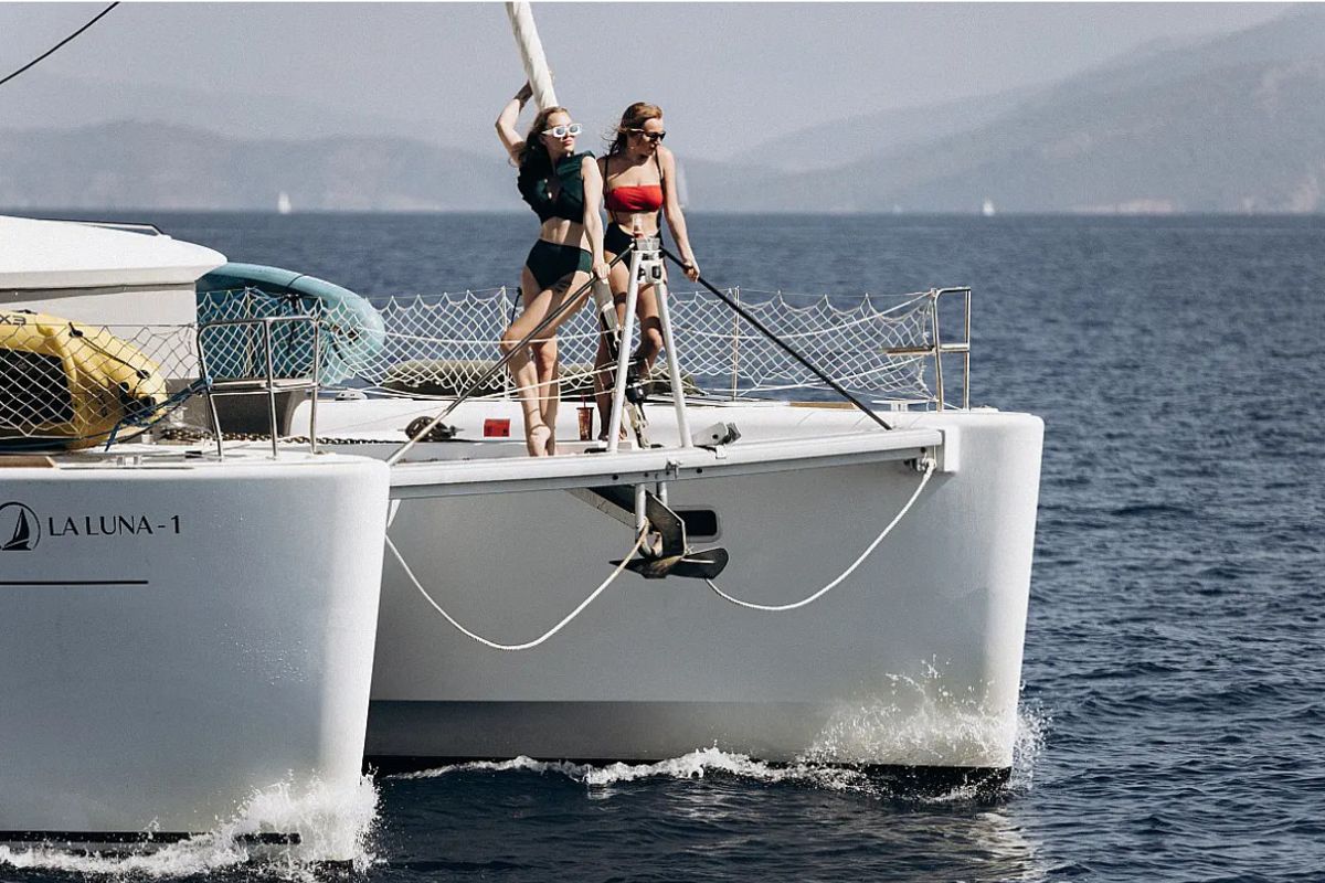 Exterior view of La Luna, a Lagoon 450 catamaran at Fethiye, Turkey