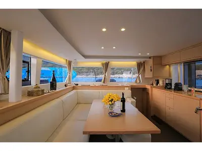 Salon of La Luna, a Lagoon 450 catamaran at Fethiye, Turkey