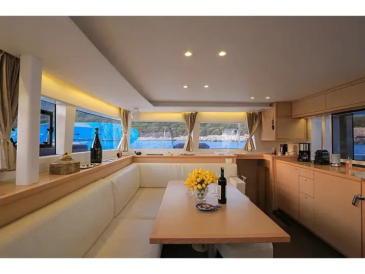 Salon of La Luna, a Lagoon 450 catamaran at Fethiye, Turkey