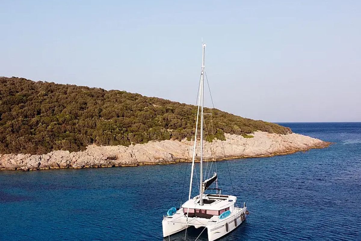 Exterior view of La Luna, a Lagoon 450 catamaran at Fethiye, Turkey