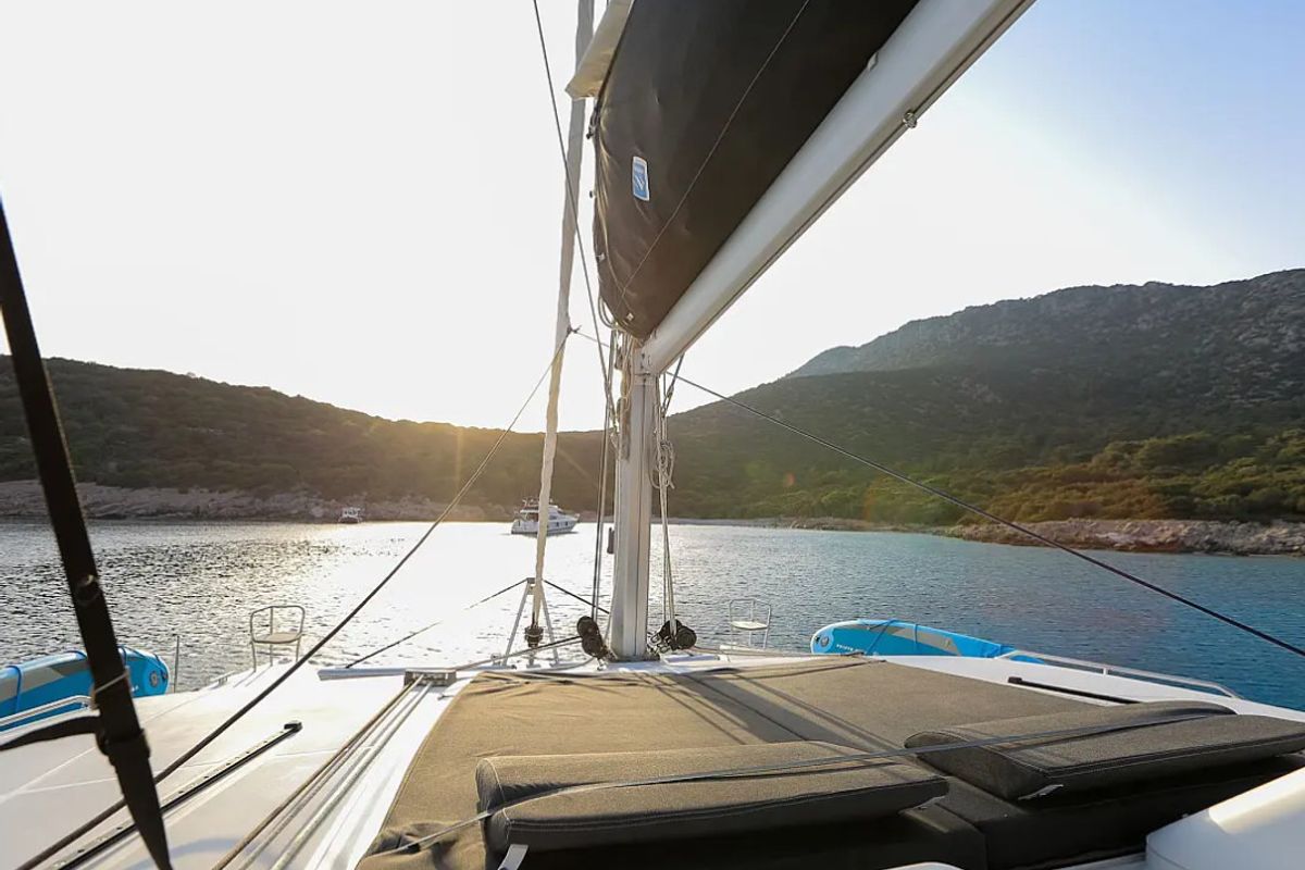 Deck of La Luna, a Lagoon 450 catamaran at Fethiye, Turkey
