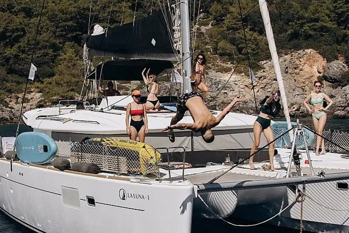 Exterior view of La Luna, a Lagoon 450 catamaran at Fethiye, Turkey