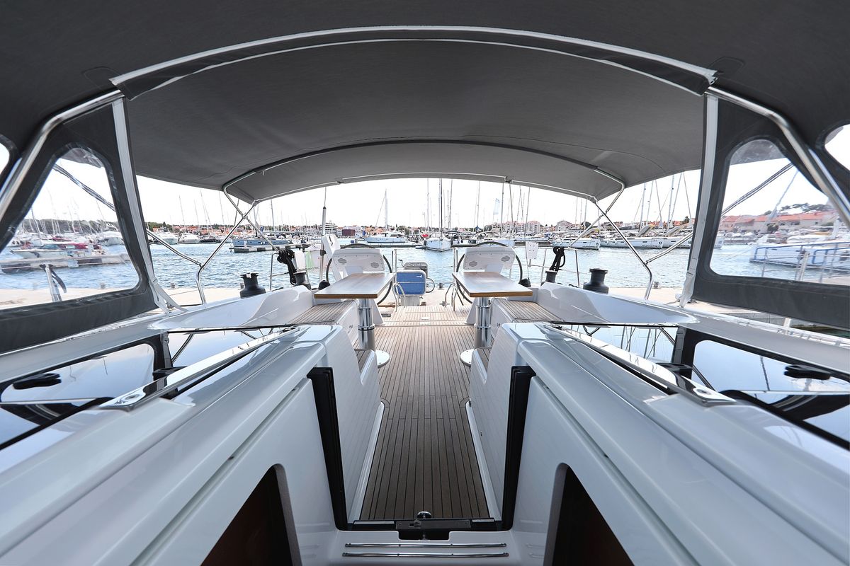 Cockpit of Cosmopolitan, a Hanse Yachts Hanse 508 sailboat at Grad Biograd na Moru, Croatia