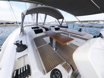 Cockpit of Cosmopolitan, a Hanse Yachts Hanse 508 sailboat at Grad Biograd na Moru, Croatia