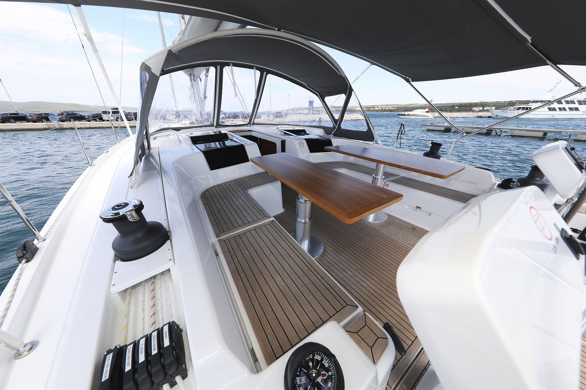 Cockpit of Cosmopolitan, a Hanse Yachts Hanse 508 sailboat at Grad Biograd na Moru, Croatia