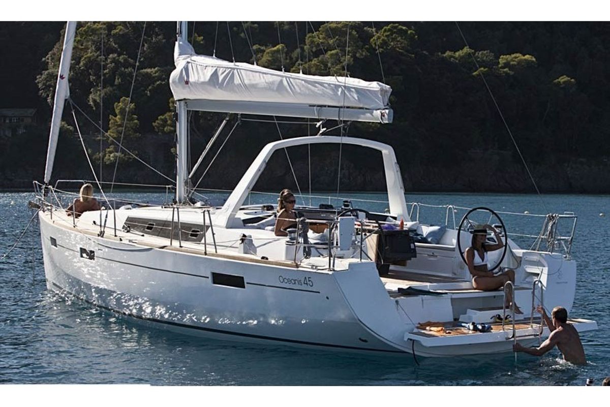 Exterior view of Nausicaa, a Beneteau Oceanis 45 sailboat at Bocca di Magra, Italy