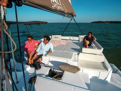 Cockpit of Orca, a Bali Catspace catamaran at Lavreotiki Municipal Unit, Greece