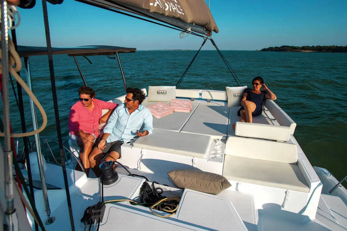 Cockpit of Orca, a Bali Catspace catamaran at Lavreotiki Municipal Unit, Greece