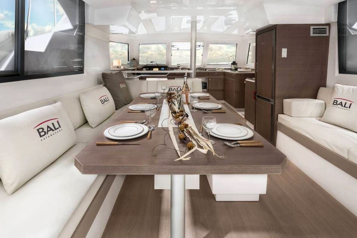 Salon of Orca, a Bali Catspace catamaran at Lavreotiki Municipal Unit, Greece