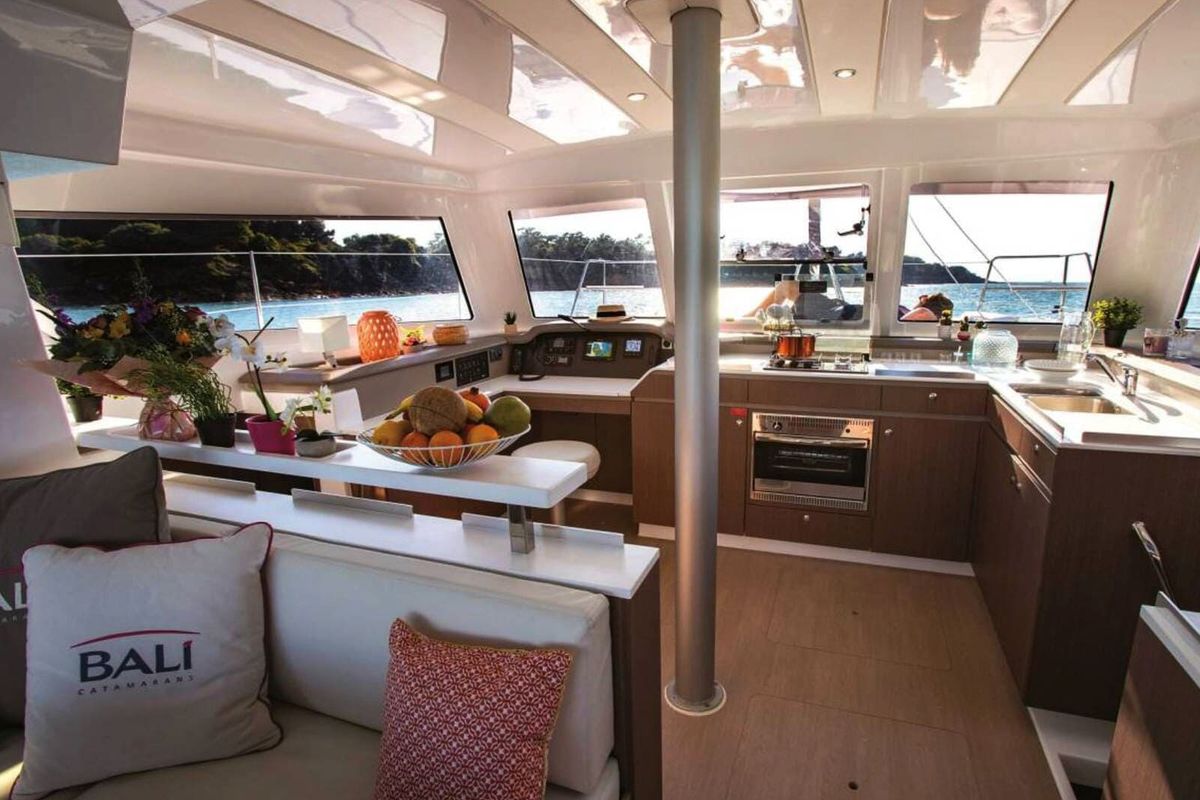 Galley of Orca, a Bali Catspace catamaran at Lavreotiki Municipal Unit, Greece