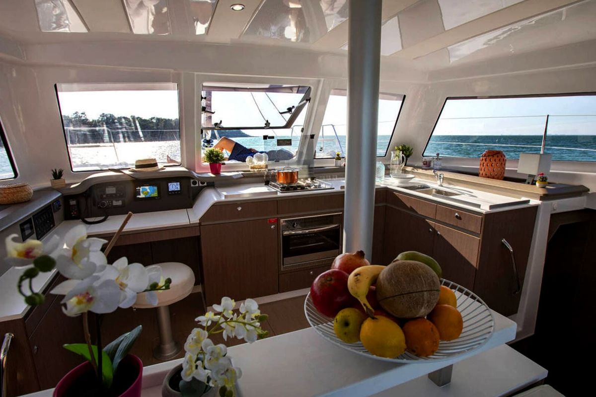 Galley of Orca, a Bali Catspace catamaran at Lavreotiki Municipal Unit, Greece
