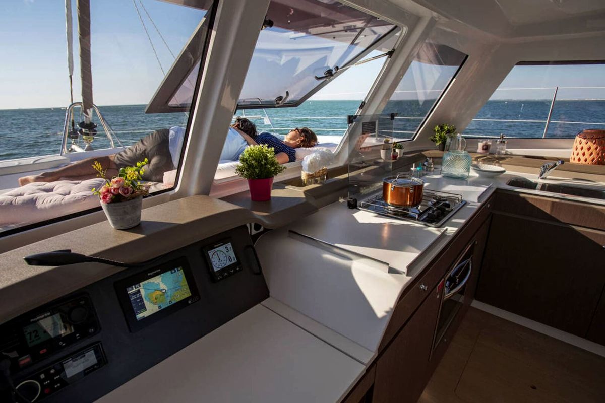 Cockpit of Orca, a Bali Catspace catamaran at Lavreotiki Municipal Unit, Greece
