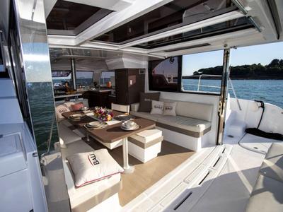 Deck of Orca, a Bali Catspace catamaran at Lavreotiki Municipal Unit, Greece