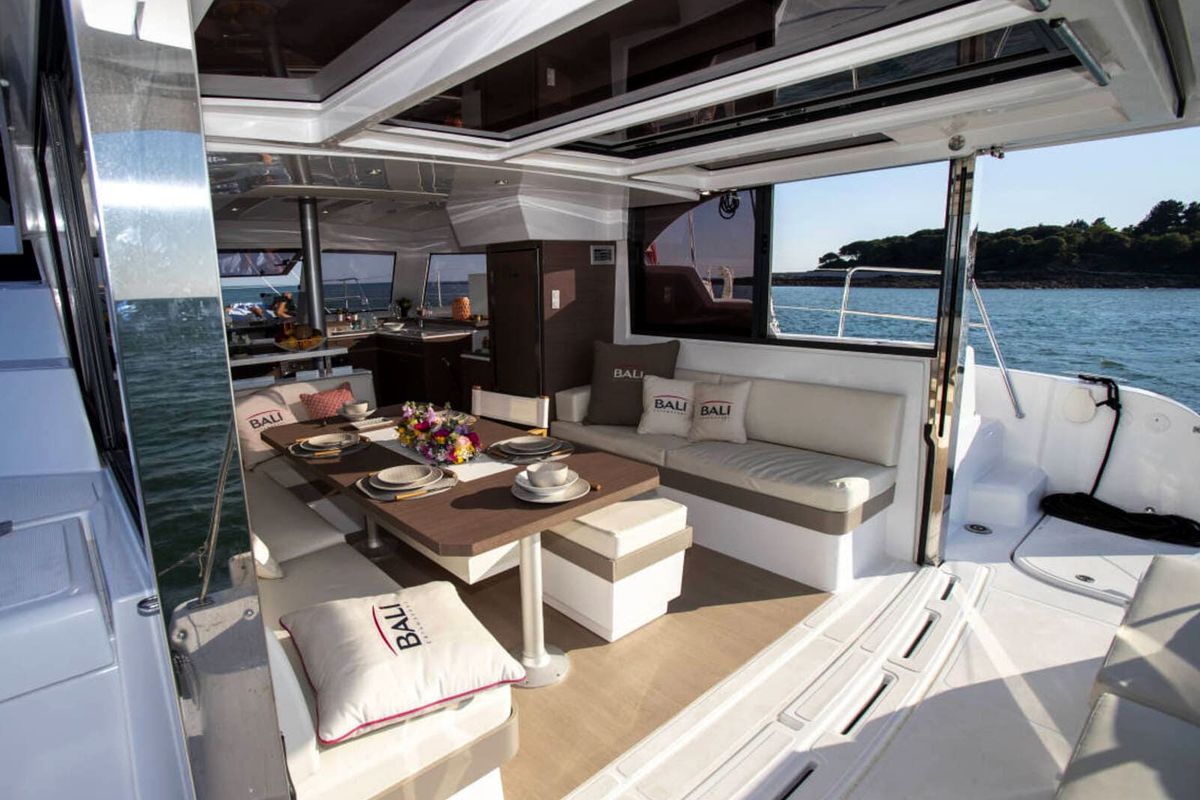 Deck of Orca, a Bali Catspace catamaran at Lavreotiki Municipal Unit, Greece