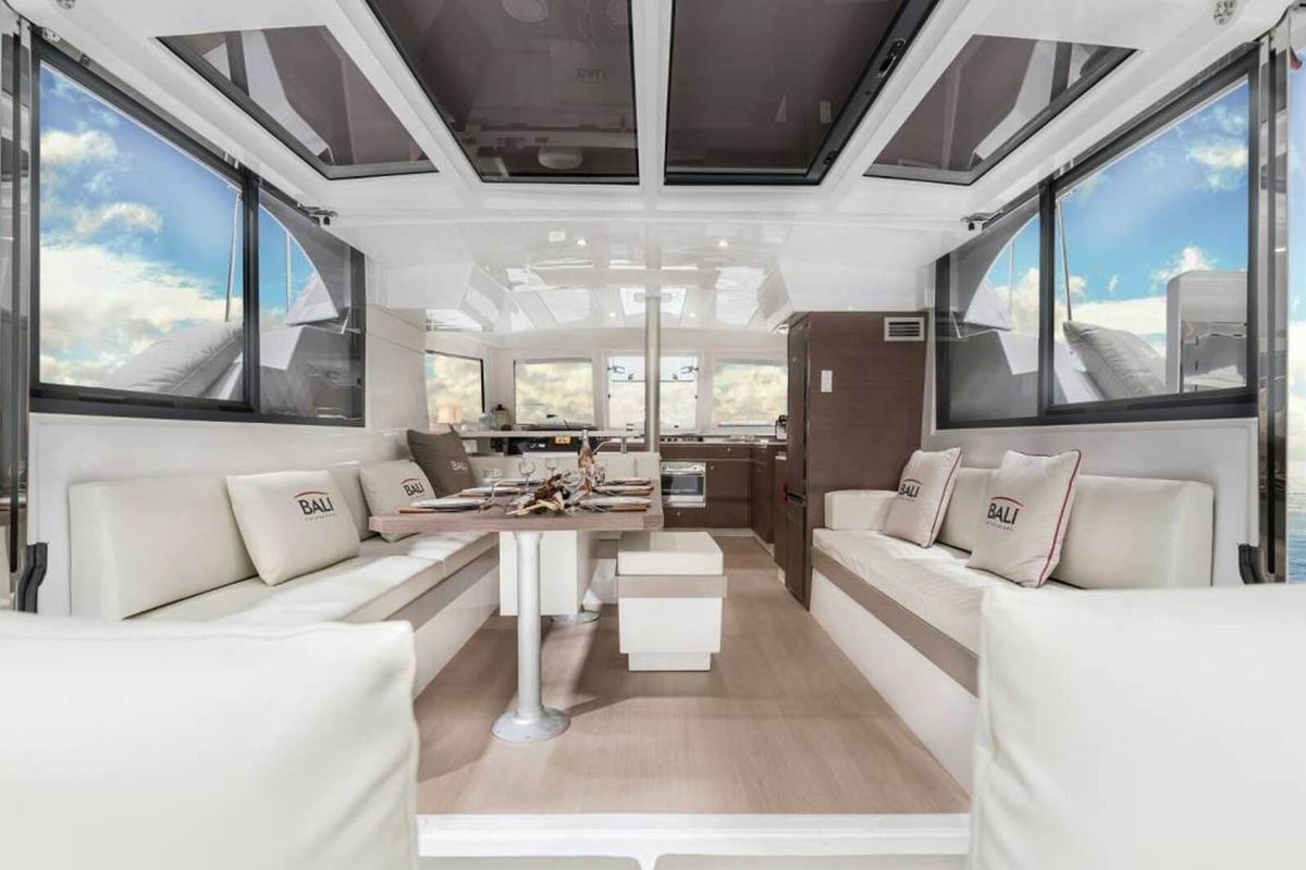 Salon of Orca, a Bali Catspace catamaran at Lavreotiki Municipal Unit, Greece