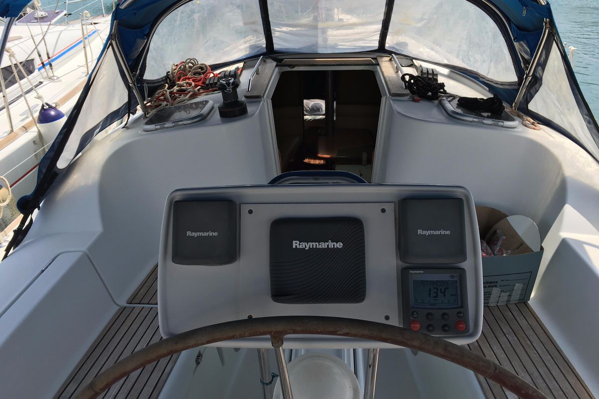 Cockpit of Billis, a Jeanneau Sun Odyssey 36i sailboat at Municipal Unit of Lefkada, Greece