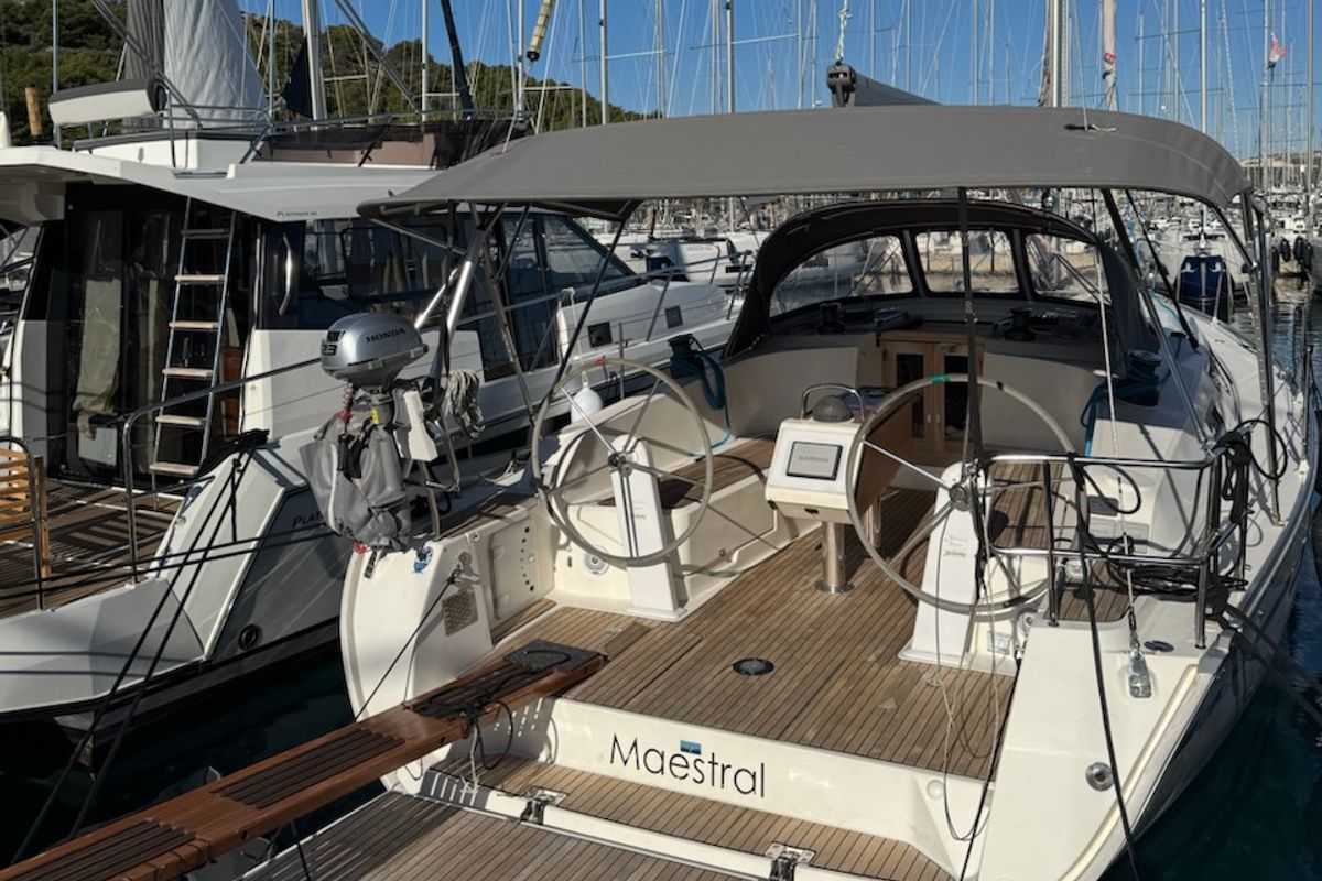 Cockpit of Maestral, a Bavaria Cruiser 41 sailboat at Općina Rogoznica, Croatia