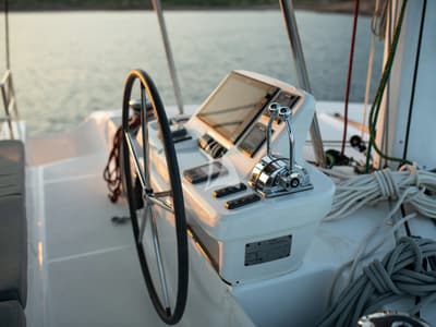 Cockpit of Nomad 2, a Lagoon 50 catamaran at Municipal Unit of Lefkada, Greece