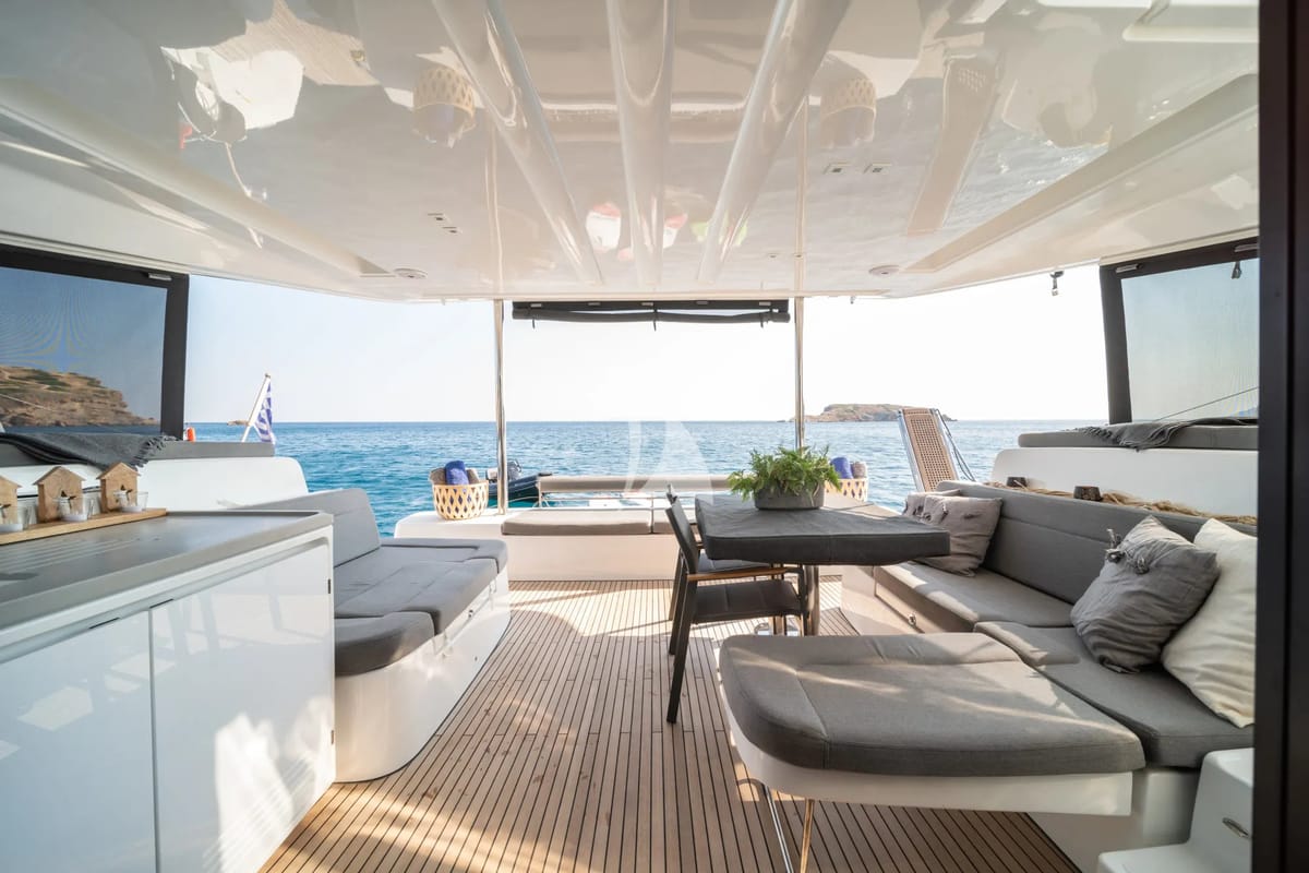 Deck of Nomad 2, a Lagoon 50 catamaran at Municipal Unit of Lefkada, Greece