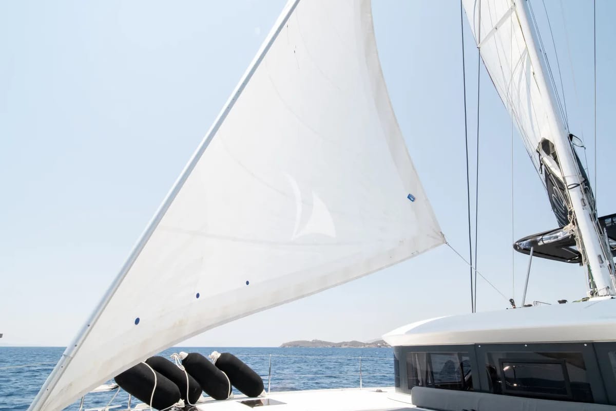 Deck of Nomad 2, a Lagoon 50 catamaran at Municipal Unit of Lefkada, Greece
