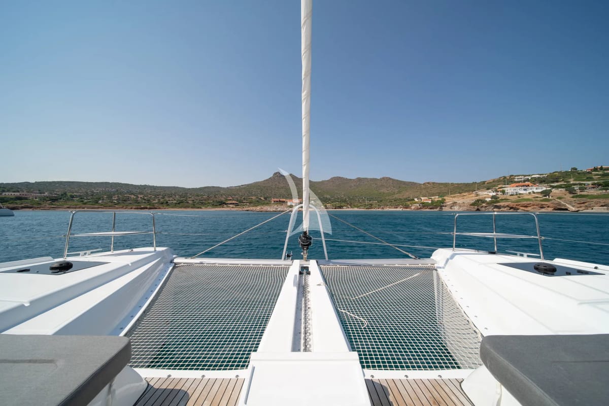 Deck of Nomad 2, a Lagoon 50 catamaran at Municipal Unit of Lefkada, Greece