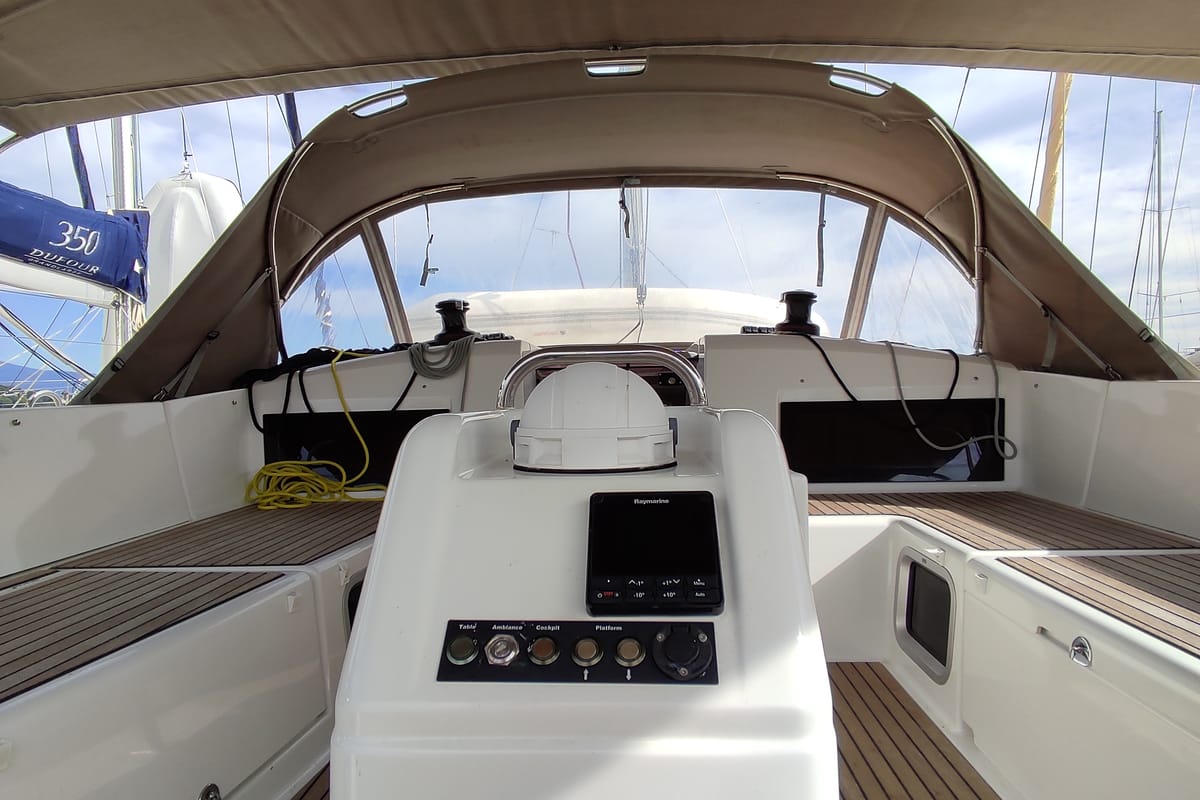 Cockpit of White Pearl, a Jeanneau Sun Odyssey 490 sailboat at Kontokali, Greece