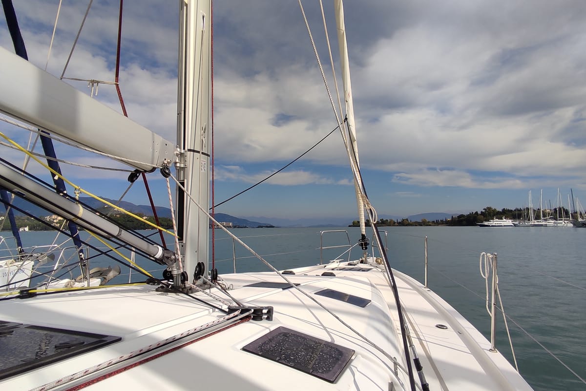 Exterior view of White Pearl, a Jeanneau Sun Odyssey 490 sailboat at Kontokali, Greece
