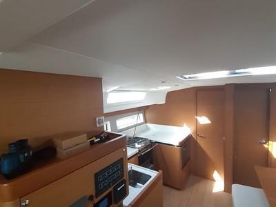 Galley of White Pearl, a Jeanneau Sun Odyssey 490 sailboat at Kontokali, Greece