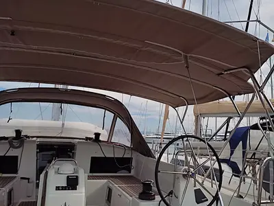 Cockpit of White Pearl, a Jeanneau Sun Odyssey 490 sailboat at Kontokali, Greece