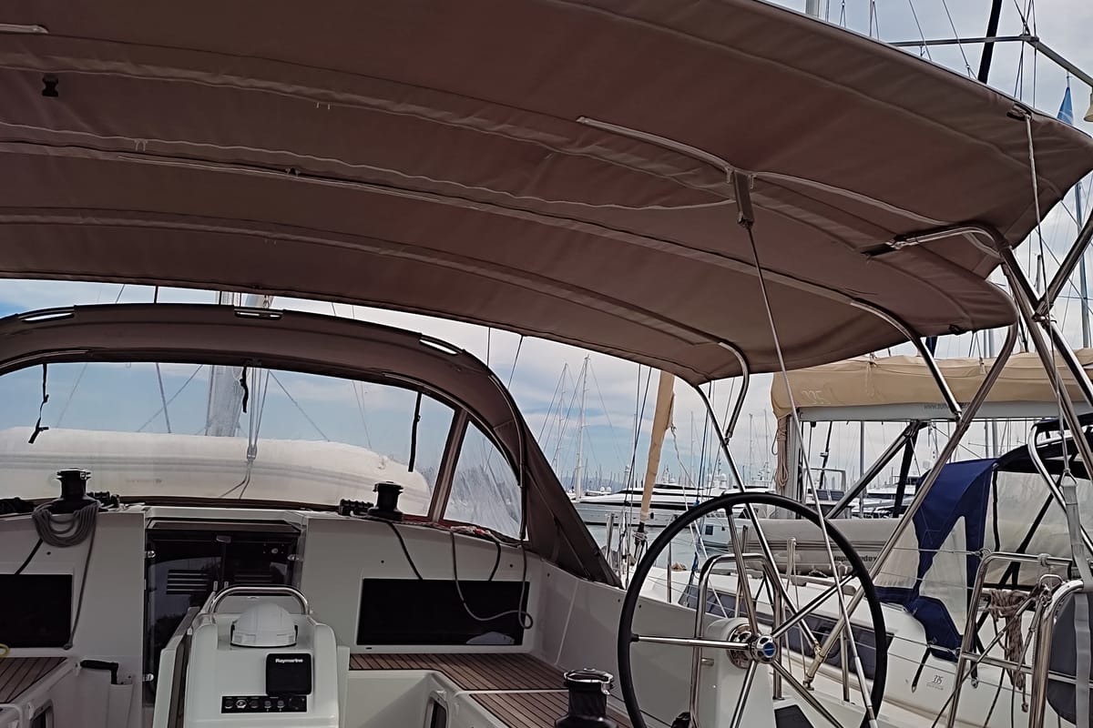Cockpit of White Pearl, a Jeanneau Sun Odyssey 490 sailboat at Kontokali, Greece