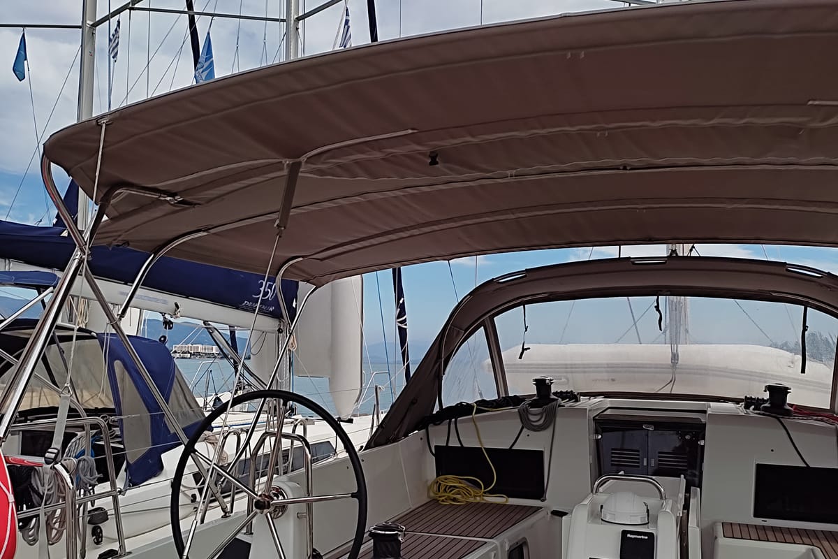 Cockpit of White Pearl, a Jeanneau Sun Odyssey 490 sailboat at Kontokali, Greece