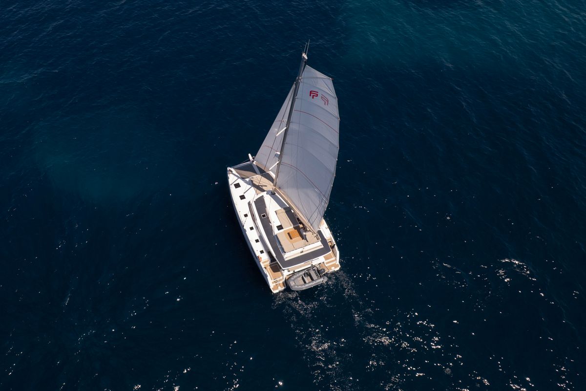 Exterior view of Nerida, a Fountaine Pajot Tanna 47 catamaran at Athens, Greece
