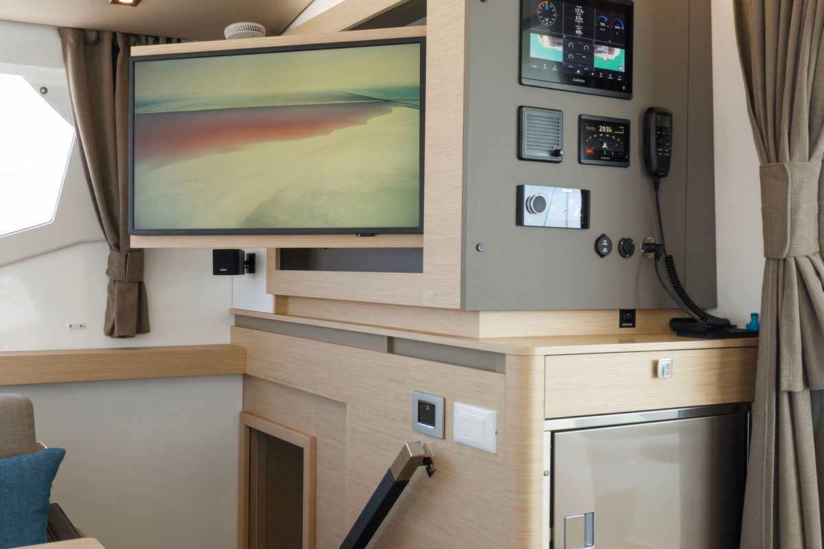Salon of Nerida, a Fountaine Pajot Tanna 47 catamaran at Athens, Greece