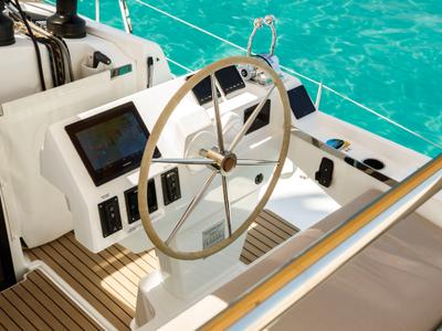 Cockpit of Nerida, a Fountaine Pajot Tanna 47 catamaran at Athens, Greece