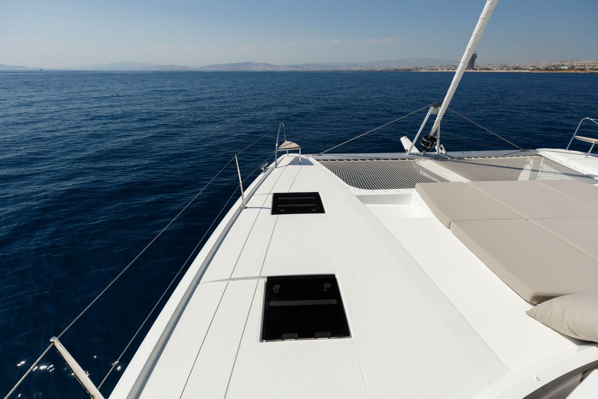 Deck of Nerida, a Fountaine Pajot Tanna 47 catamaran at Athens, Greece