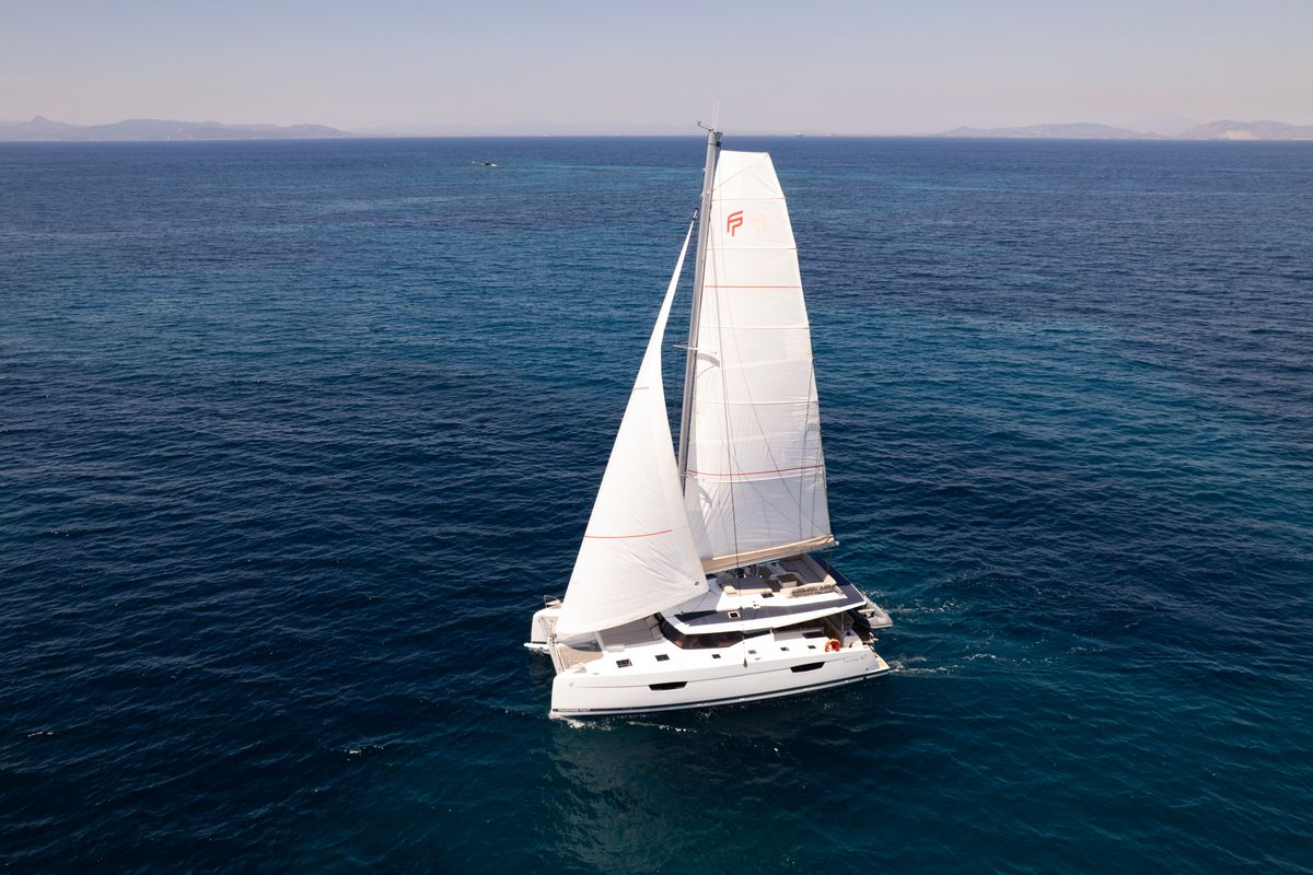 Exterior view of Nerida, a Fountaine Pajot Tanna 47 catamaran at Athens, Greece