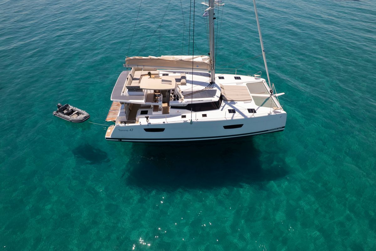 Exterior view of Nerida, a Fountaine Pajot Tanna 47 catamaran at Athens, Greece