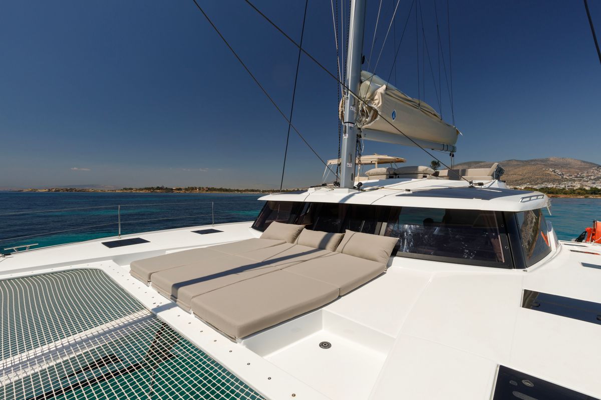 Deck of Nerida, a Fountaine Pajot Tanna 47 catamaran at Athens, Greece